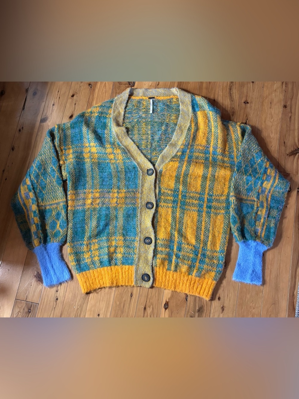 Free People Sepia Plaid Cardigan in Marigold Sky Combo Sz XS OVERSIZED FuzzyWool - Picture 2 of 15